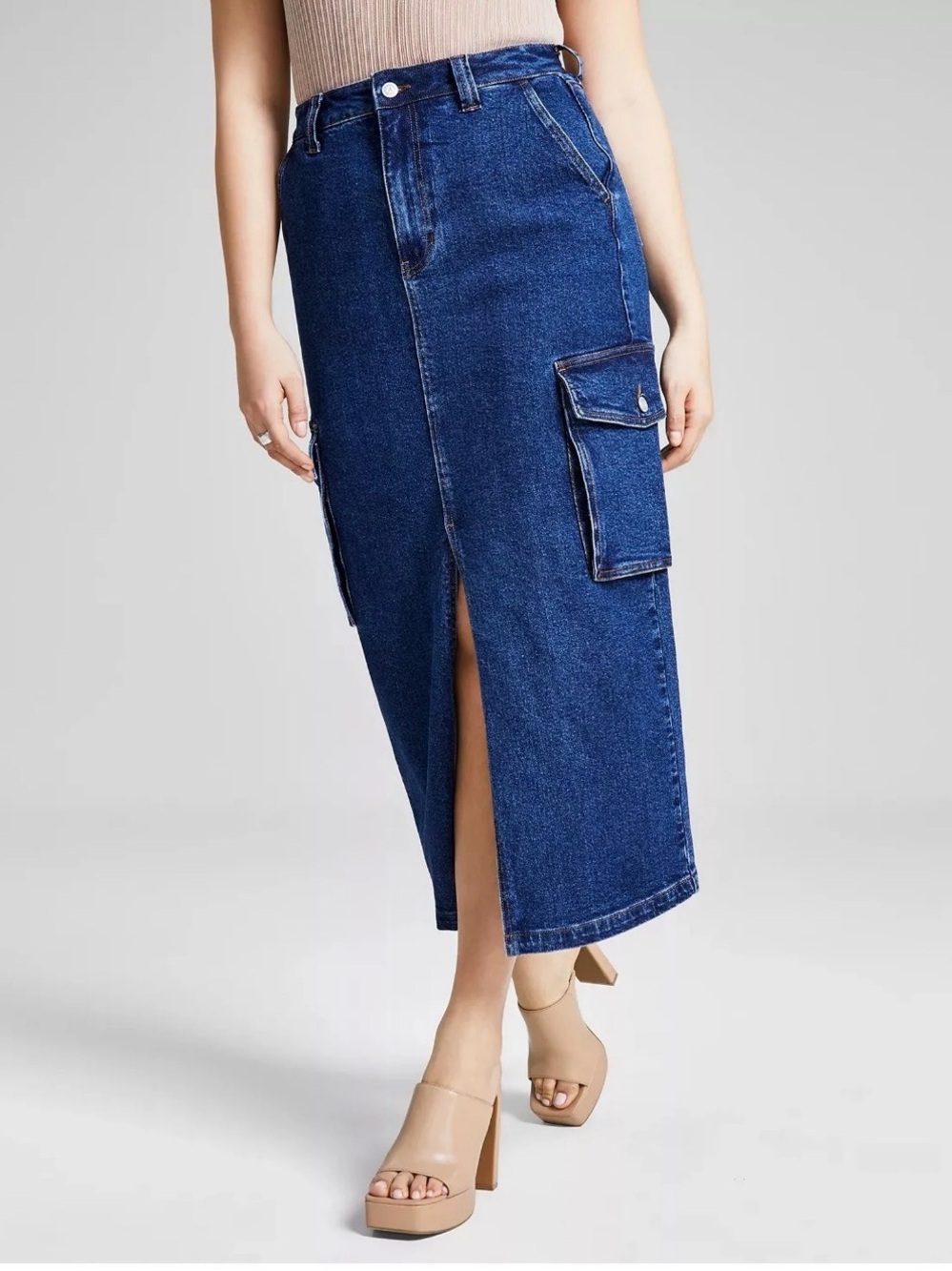 And Now This Dark Wash Cargo Denim Maxi Skirt